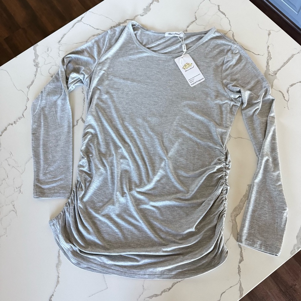 NWT Bearsland Maternity Top Long Sleeve Classic Side Ruching Gray Tee Shirt Sz M